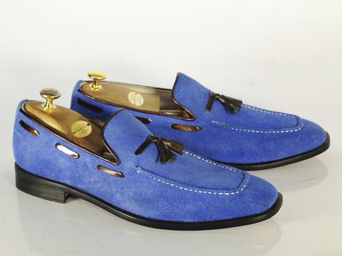 Handmade+Blue+Suede+Tussles+Loafer+Shoes+For+Men's+    Upper+Material+Genuine+Leather+  Inner+Soft+Leather  Style+Tussles  Color+Blue  Sole+Leather  Gender++Male  Heel+Leather    Manufacturing+Time+7+to+10+Business+Days    IMPORTANT+NOTE    Please+measure+your+foot+size+according+to+the+size+char... Blue Suede Shoes Drink, Shoes Men Formal, Loafer Shoes For Men, Blue Suede Loafers, Brogues Men, Custom Design Shoes, Tassel Dress, Handmade Leather Shoes, Blue Suede Shoes