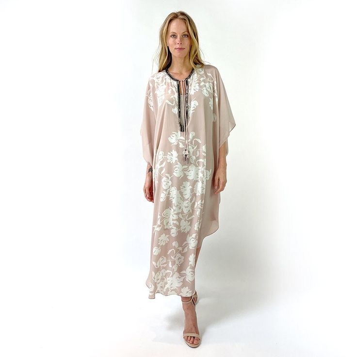 "A caftan is a perfect addition to any women's wardrobe. It can be worn day into night, as a stunning swimsuit cover-up at the beach, as well as a glamorous evening dress over a slip (sold separately in my shop), or over leggings. Made from airy silk, it is cool and airy, and great for warm weather. Hand beaded with ornate metal beads. Caftans are one size fits most, and look great on all shapes and sizes. Width is 45\" and length is 56\" from the center back neck to the center bottom edge." Spring Beachwear Long Kaftan, Silk Kaftan With Kimono Sleeves For Evening, Elegant Long Kaftan For Daywear, Beachwear Kaftan With Kimono Sleeves For Daywear, Bohemian Maxi Dress For Beach Season Evenings, Bohemian Evening Maxi Dress For Beach Season, Elegant Spring Kaftan For Loungewear, Daywear Kaftan With Kimono Sleeves For Beachwear, Chic Tunic Maxi Dress For Loungewear