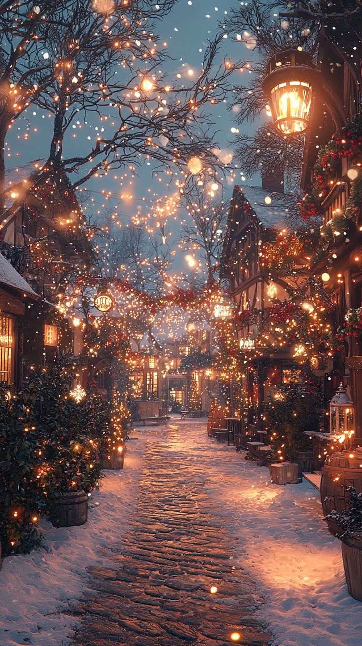 a snowy street with christmas lights on the trees