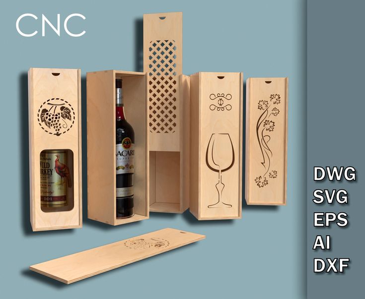 the wine box is open and there are several bottles in it with designs on them