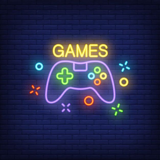 neon gaming game controller glowing sign on dark brick wall background with text games and symbols