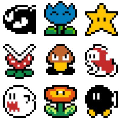 an image of pixel art with different types of characters on it's face and eyes