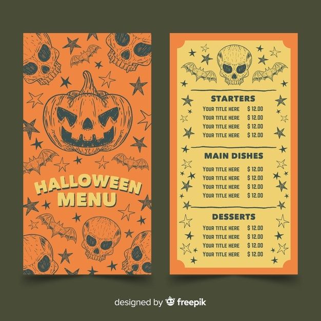 two halloween menus with skulls and pumpkins