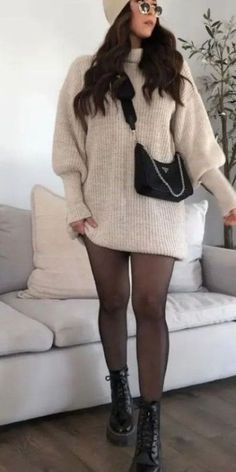 New Years Cozy Outfit, Sweater With Stockings Outfit, Sweater Dress With Stockings Tights, Going Out Outfits 2023 Winter, Casual Bday Outfits Winter, Dresses With Stockings Outfit Fall, Sweater Dress With Thigh High Socks, Knitted Sweaters Dress Outfit, Causal Party Outfits Winter