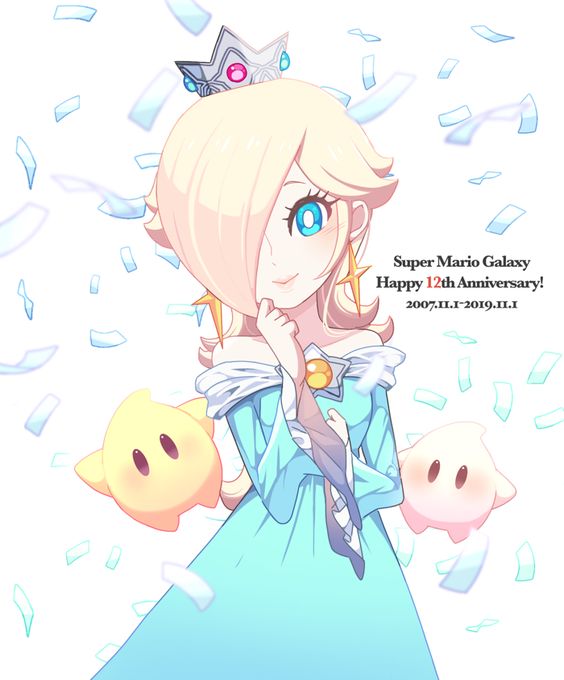 an anime character holding a pig and wearing a tiara with the caption super mario galaxy happy 10th anniversary