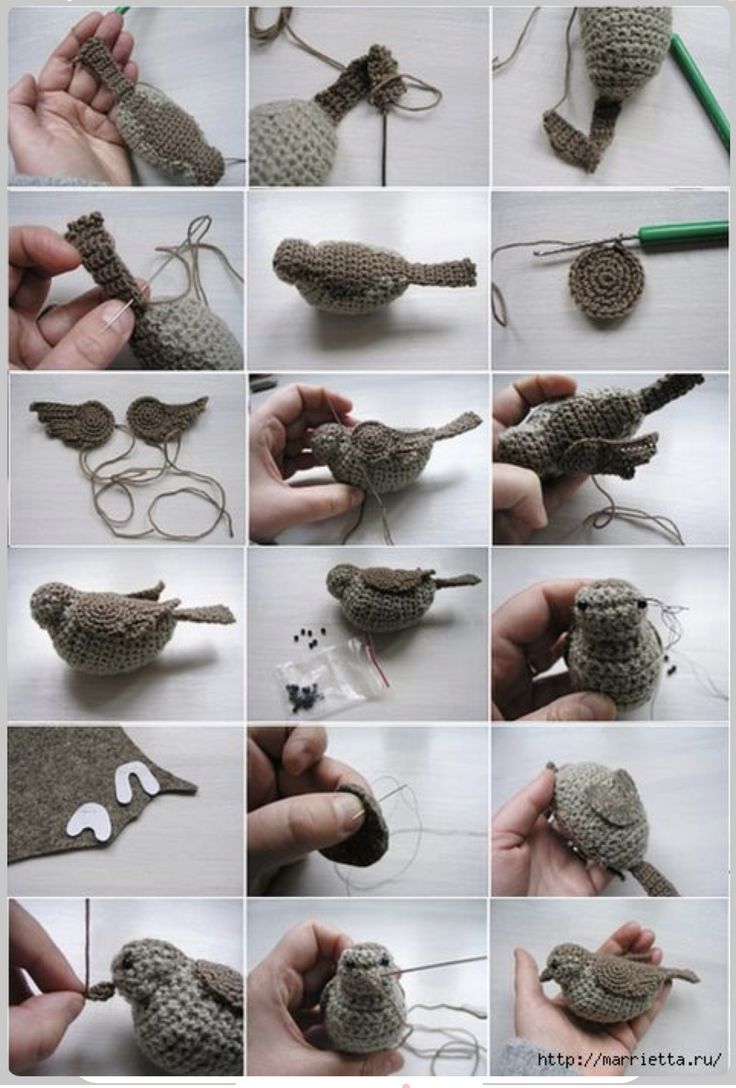 there are many pictures of crocheted birds in different stages of making them look like they're ready to fly