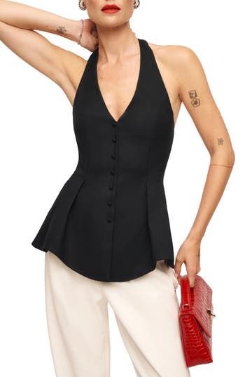 Tailored details lend elevated style to this stretch-kissed halter top cut in a flared silhouette with covered buttons detailing the front. Hidden back-zip closure Halter neck 68% polyester, 22% rayon, 8% wool, 2% spandex Dry clean Imported Elegant Tops With Bust Darts, Sleek Fitted Summer Halter Top, Sleek Fitted Halter Top For Summer, Formal Summer Elastane Tops, Sleek Black Halter Top, Chic Spring Halter Top In Elastane, Chic Sleeveless Top With Bust Darts, Chic Fitted V-neck Halter Top, Chic Evening Tops With Back Zipper