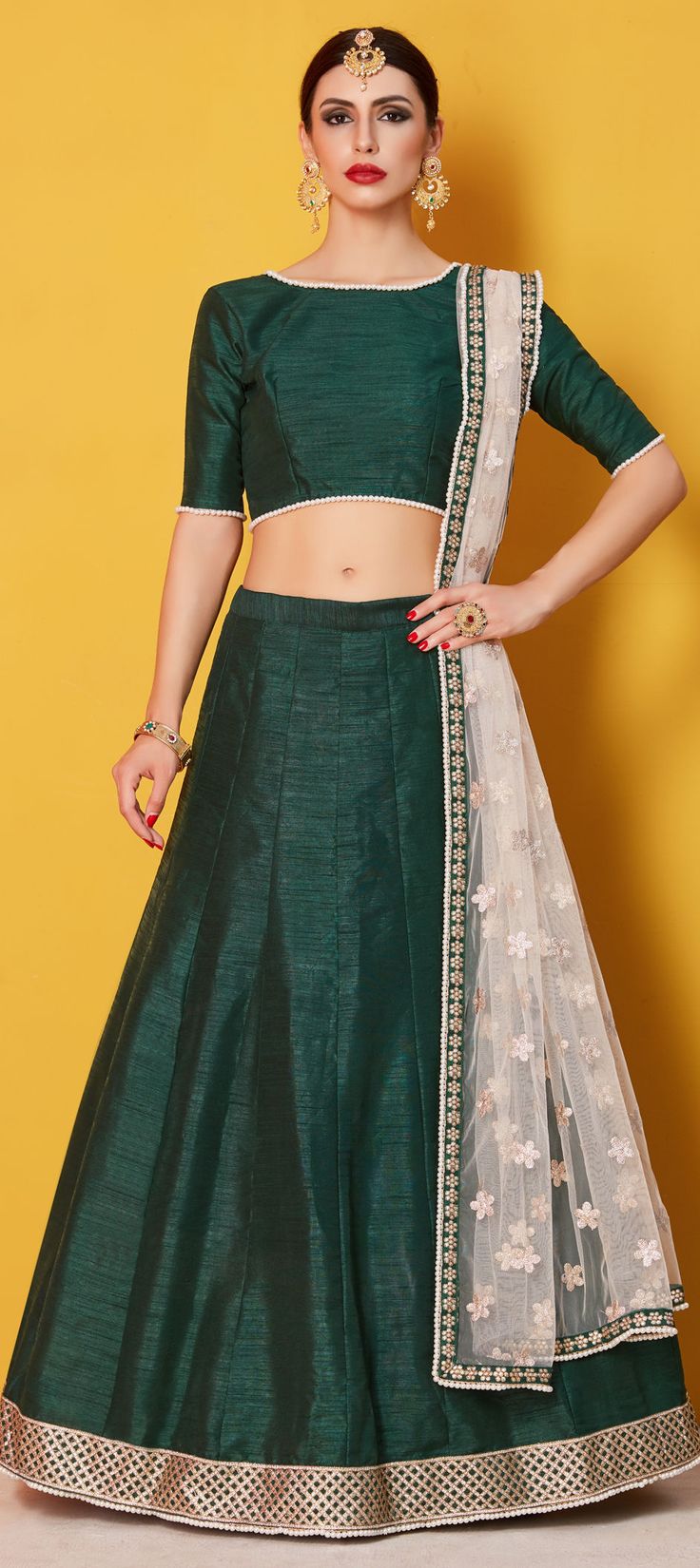 1512351: Wedding Green color Lehenga in Art Silk fabric with Sequence, Thread, Zari work Painted Dupatta, Orang India, Pearl Border, Green Lehenga Choli, Blouse Lehenga, Simple Lehenga, Raw Silk Lehenga, Sabyasachi Lehenga, Pearl Work