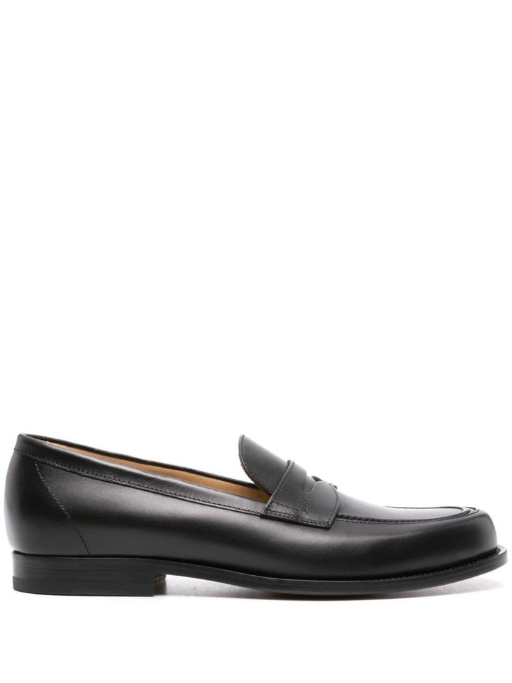 black calf leather smooth grain penny slot moc stitching almond toe branded leather insole flat leather sole slip-on style Luxury Slip-on Calf Leather Loafers, Semi-formal Textured Sole Calf Leather Loafers, Black Slip-on Calf Leather Loafers, Semi-formal Moc Toe Calf Leather Loafers, Luxury Black Semi-formal Loafers, Balenciaga Track, Balenciaga Triple S, Athletic Sneakers, Summer Beach Wear