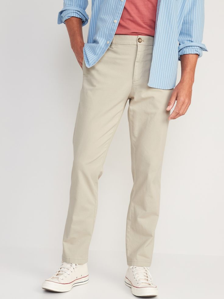 button front belt loops zip fly hip pockets back welt pockets straight thigh and leg hits below ankle model is approx.  6'1" and wears size 32w x 32lmachine wash according to the care instruction label spandex 2% cotton 98% Slim Fit Casual Chino Cotton Twill Bottoms, Casual Straight Leg Chinos With Welt Pockets, Straight Leg Chino Cotton Twill Bottoms With Pockets, Casual Straight Chino Cotton Twill Chinos, Casual Straight Chinos In Chino Cotton Twill, Casual Straight Chinos, Relaxed Fit Straight Chino Cotton Twill Bottoms, Straight Leg Chinos With Belt Loops For Spring, Casual Straight Fit Bottoms With Belt Loops