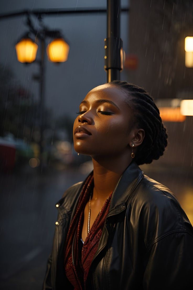 a woman is standing under an umbrella in the rain and looking off into the distance