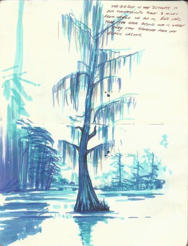 a drawing of a tree in the water