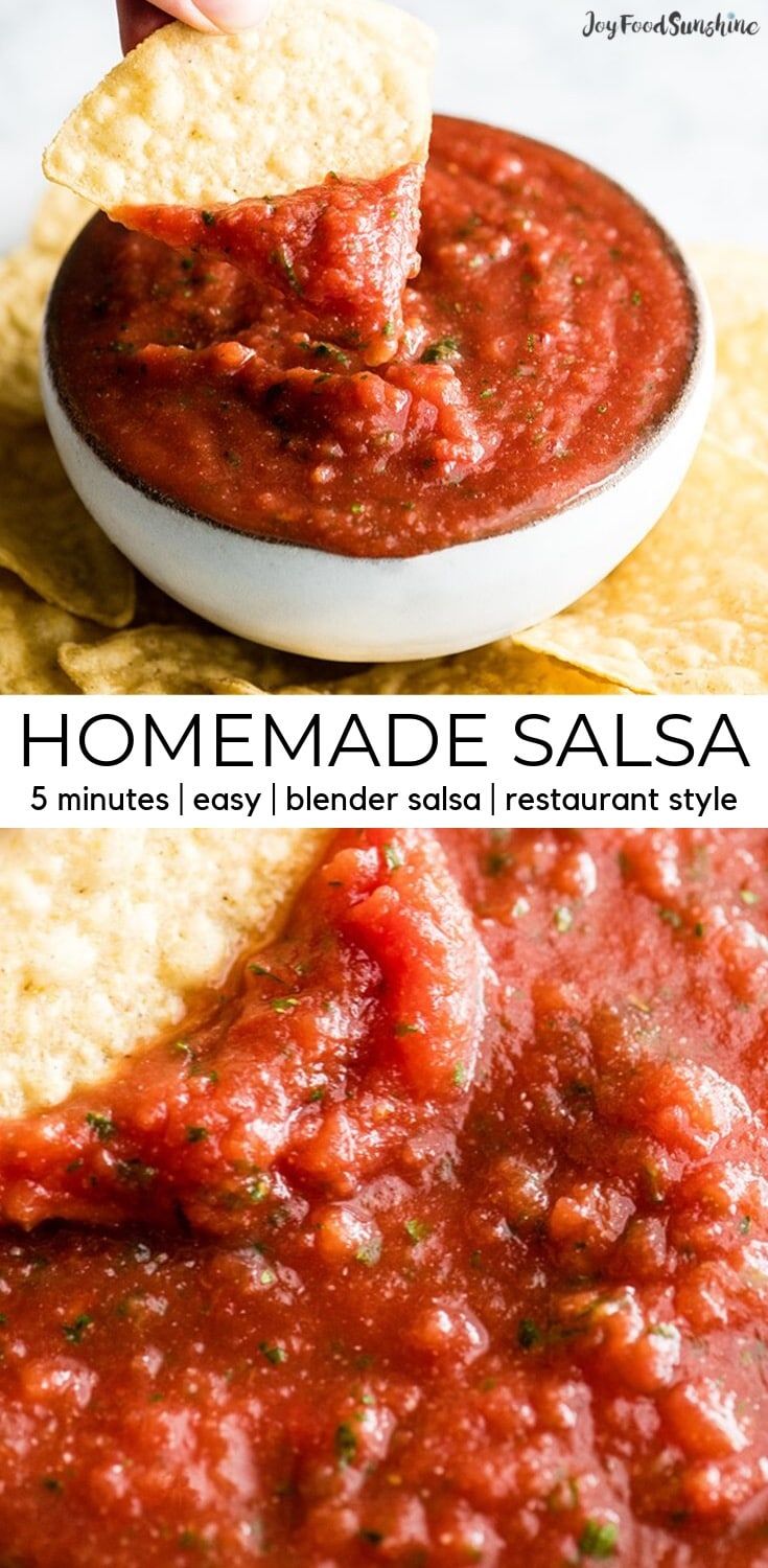 homemade salsa in a white bowl with tortilla chips on the side and an image of