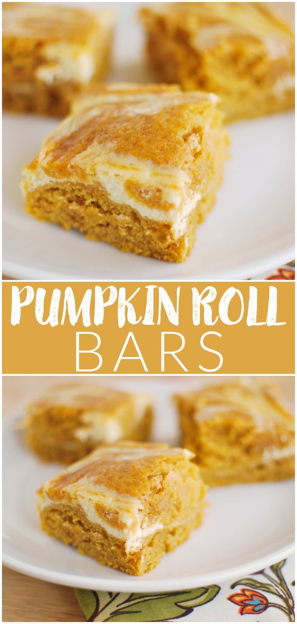 pumpkin roll bars on a white plate with text overlay