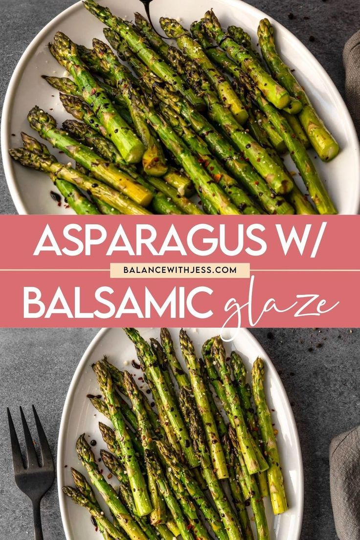 asparagus with balsamic glaze on a white plate