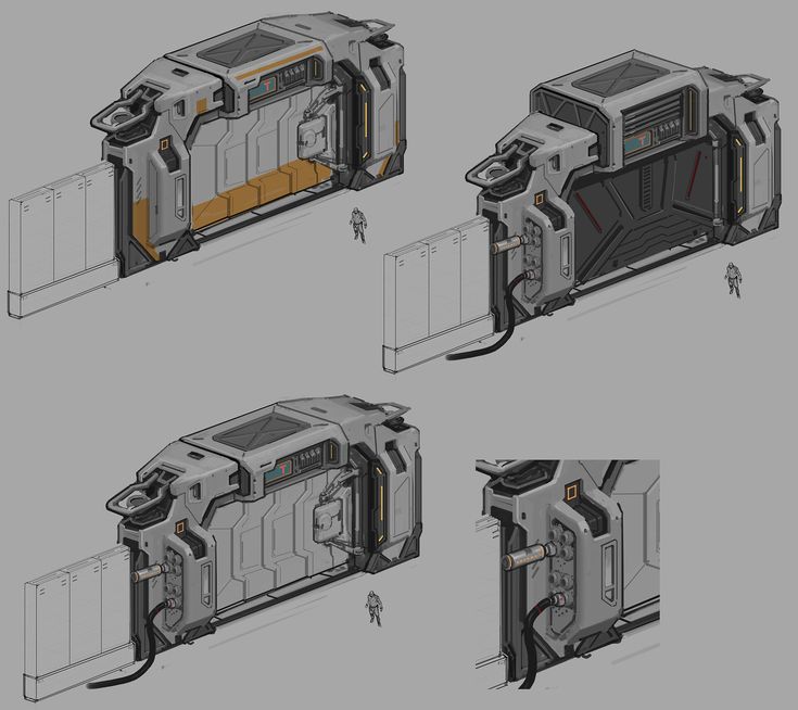 three different views of the inside of a space station, with two doors open and one door closed