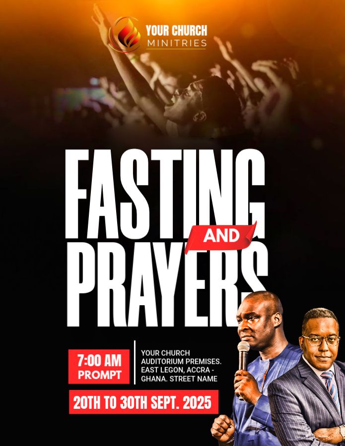 a poster for fasting and prayer with two men holding microphones in front of an audience