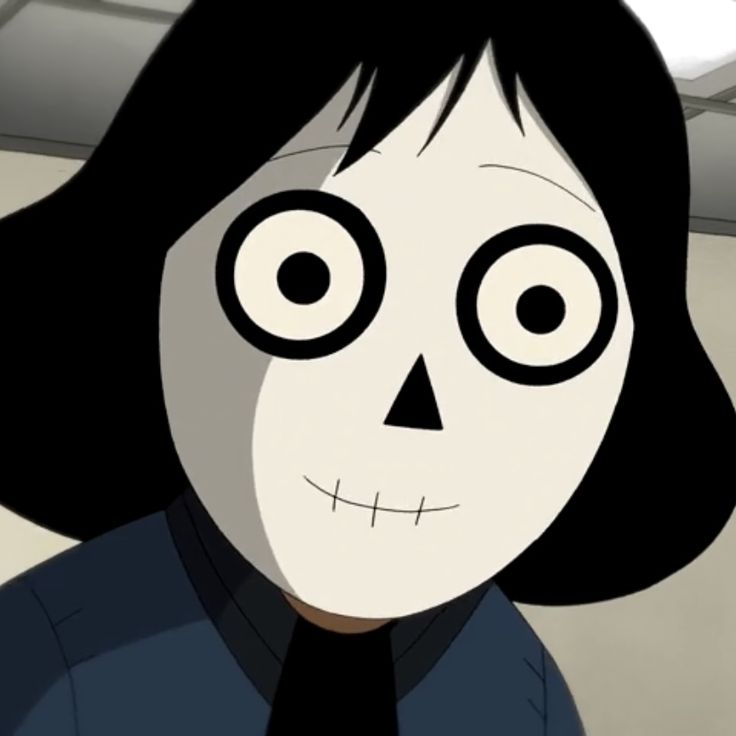 an animated image of a woman with black hair and big eyes looking at the camera