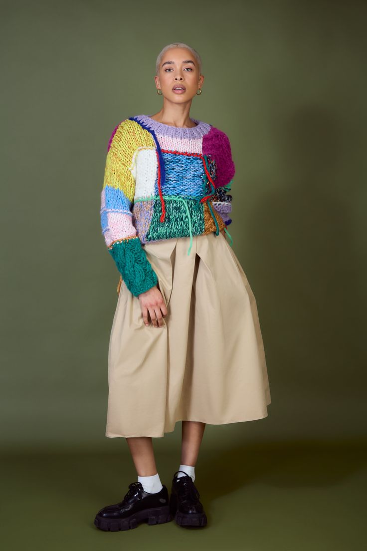 - Fit: Large to size- Measurements: 1. Chest: 53cm, 2. Length: 55cm- Materials: 50% polyester, 50% acrylic- Thickness: Moderate- Sheerness: None- Stretch: Low- Lining: None- Care: Gentle wash cold and dry in shade Colorful Patchwork Long Sleeve Sweater, Multicolor Cotton Color Block Sweater, Multicolor Knit Cropped Sweater For Spring, Multicolor Patchwork Knit Sweater, Playful Multicolor Long Sleeve Sweater, Playful Multicolor Cotton Sweater, Beige Patchwork Sweater For Spring, Multicolor Crew Neck Cropped Sweater For Spring, Multicolor Color Block Sweater For Spring