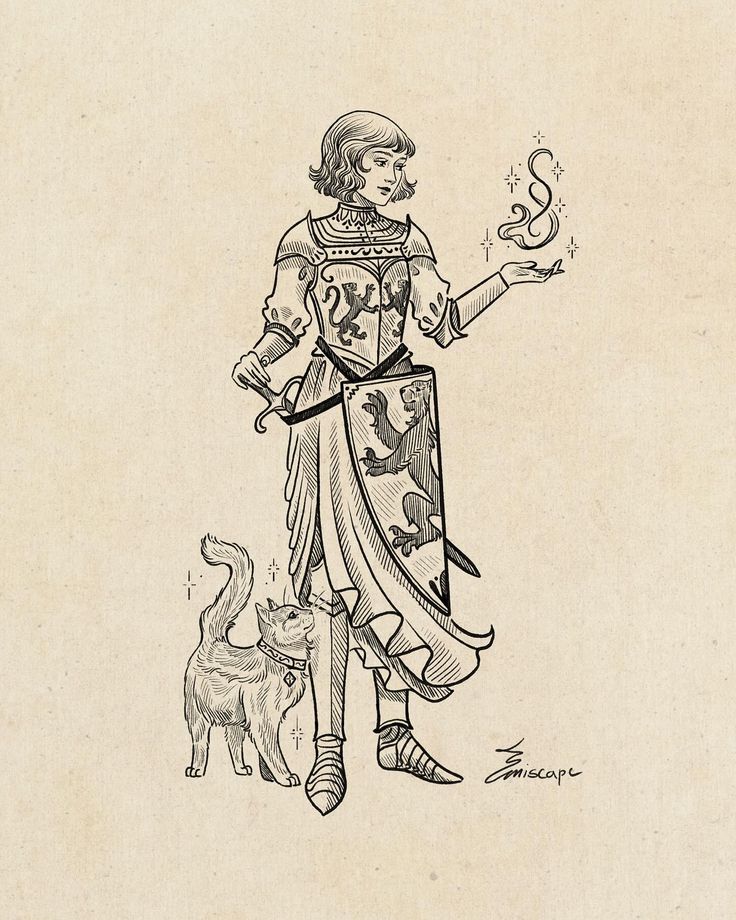 a drawing of a man in medieval clothing with a cat on the other side of him