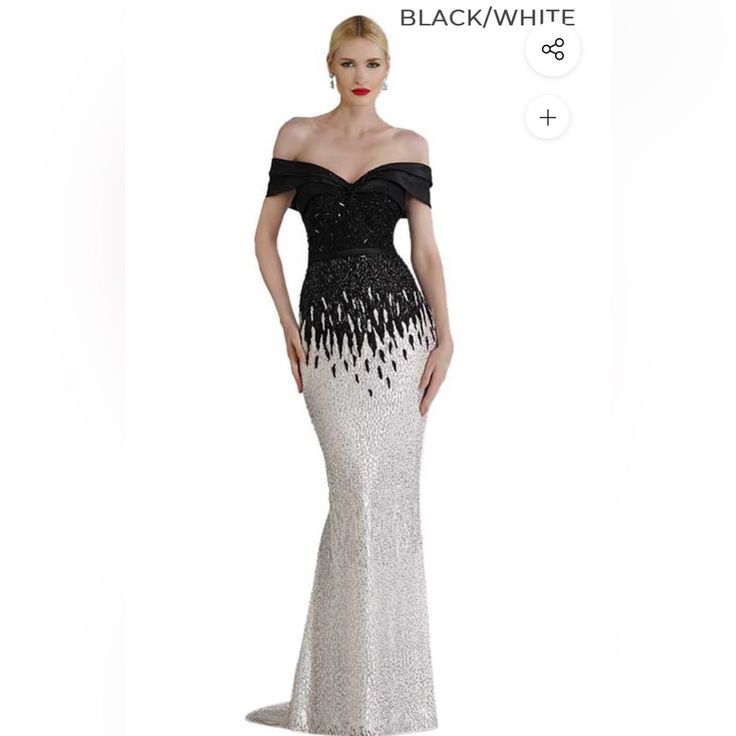 Janique - A18375 Draped Off Shoulder Mermaid Gown- Size 12- Black And White Formal Gown Only Worn Once. Exquisitely Crusted With Two-Toned Beadwork In Its Entirety, This Beauty Fashions A Fold-Draped Off-Shoulder Neckline With A Sweetheart Notch. Embraced With A Wide V-Open Back, This Ensemble Showcases A Slender Band That Accents The Waist As A Lovely Trailing Feathered Motif Falls Along The Hips. The Skirt Skims In A Glimmering Fashion To Form An Extravagant Mermaid Finish With A Train White Formal Gowns, Size 12 Dress, Mermaid Gown, Formal Gowns, A Train, Two Tone, Off Shoulder, Bead Work, Red And White