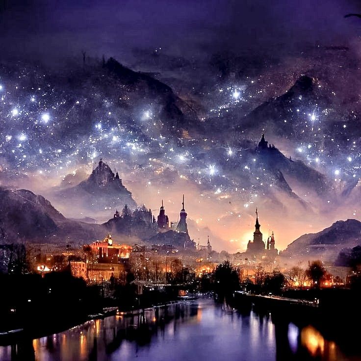 the night sky is filled with stars and lights above a town on a mountain range