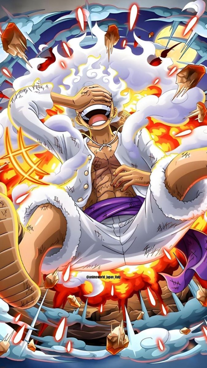 an anime character sitting in front of a fire with his arms outstretched and legs spread out