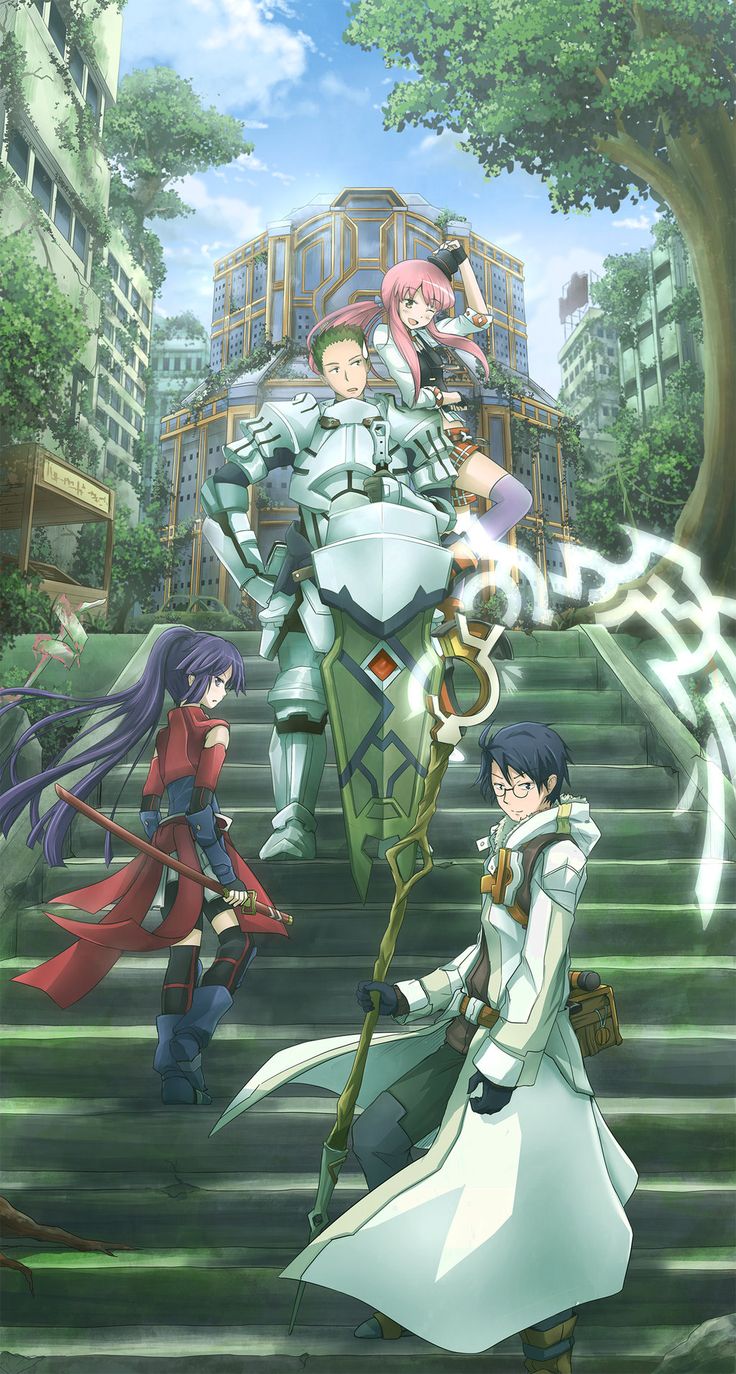 an anime scene with two women and one man walking up the stairs, while another woman is