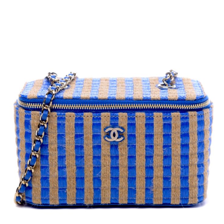 Gorgeous Chanel Vanity Raffia Bag Designer Blue Box Bag With Removable Pouch, Designer Blue Tote Box Bag, Designer Blue Top Handle Box Bag, Designer Blue Box Bag With Top Handle, Travel Blue Box Bag, Designer Blue Box Bag For Travel, Designer Blue Box Bag For Shopping, Blue Tote Box Bag With Gold-tone Hardware, Blue Crossbody Box Bag With Gold-tone Hardware