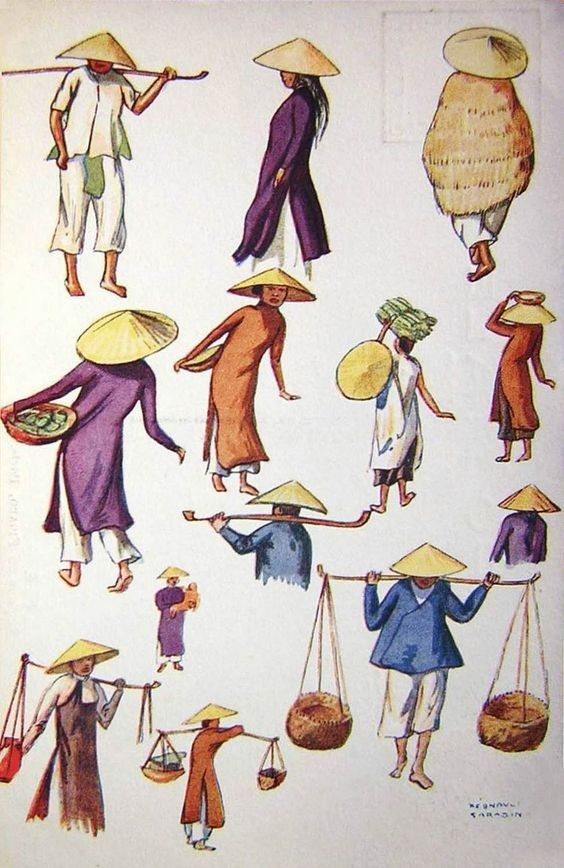 an image of people carrying goods on their heads and holding them in the air while wearing hats