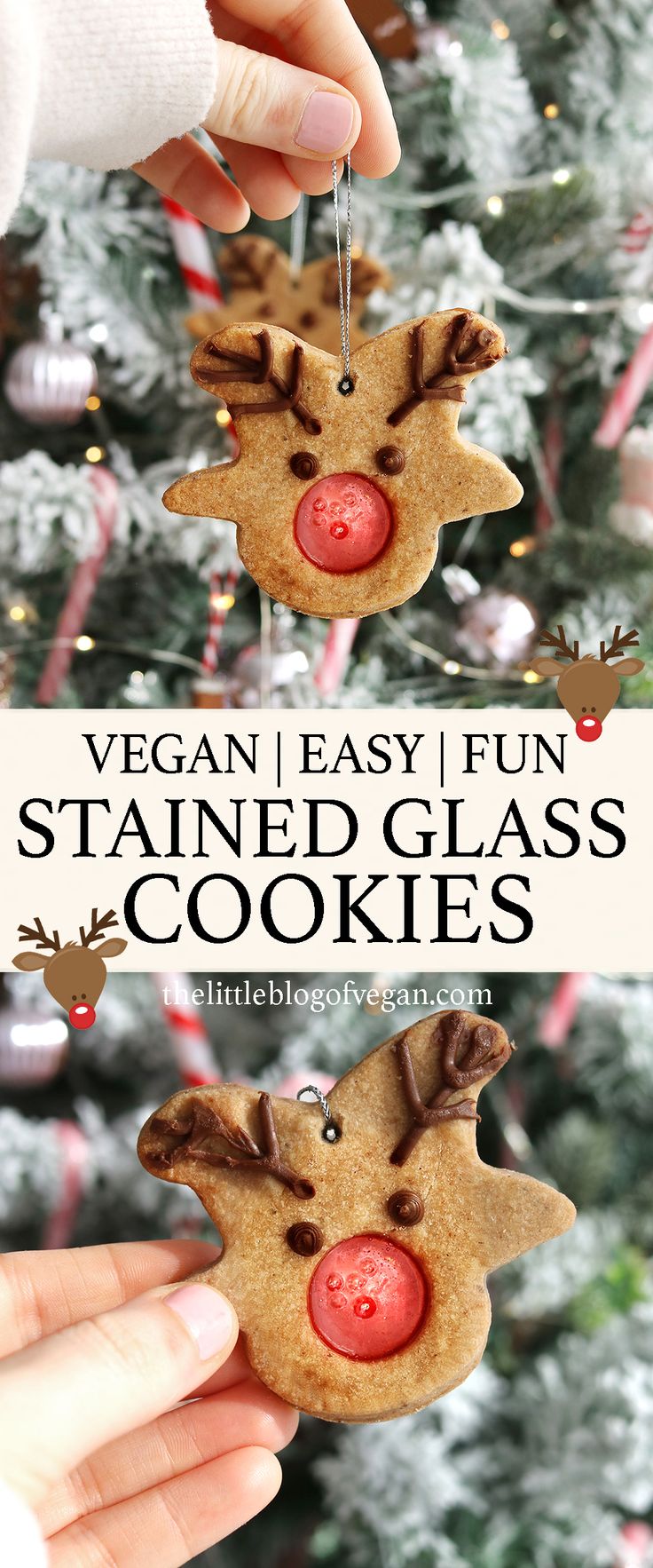 a person holding up some christmas cookies with reindeer faces on them and the words vegan easy fun stained glass cookies