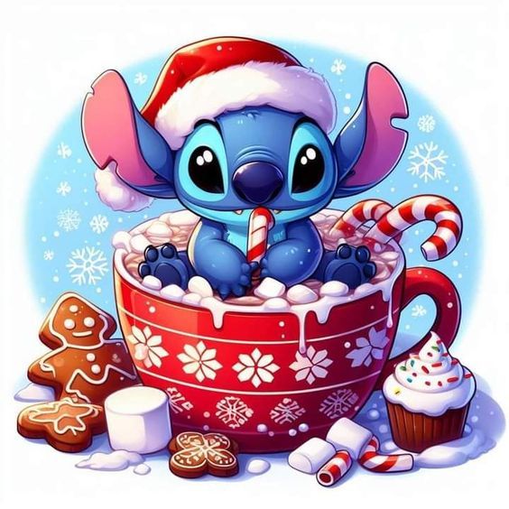 a cartoon character is sitting in a cup filled with hot chocolate and marshmallows