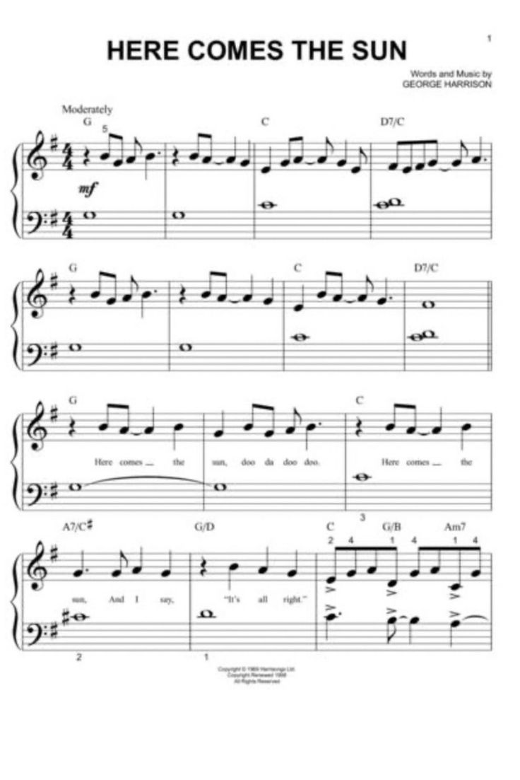 sheet music with the words here comes the sun