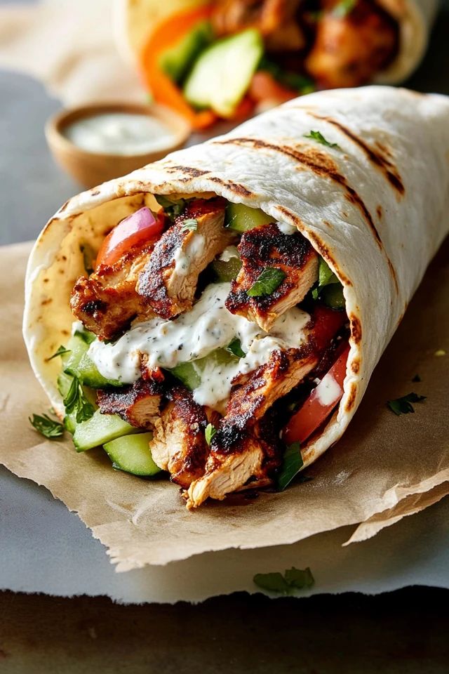 a burrito with chicken, cucumber and ranch dressing on the wrapper