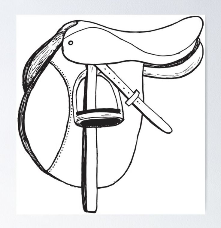 a black and white drawing of a horse's bridle with a saddle