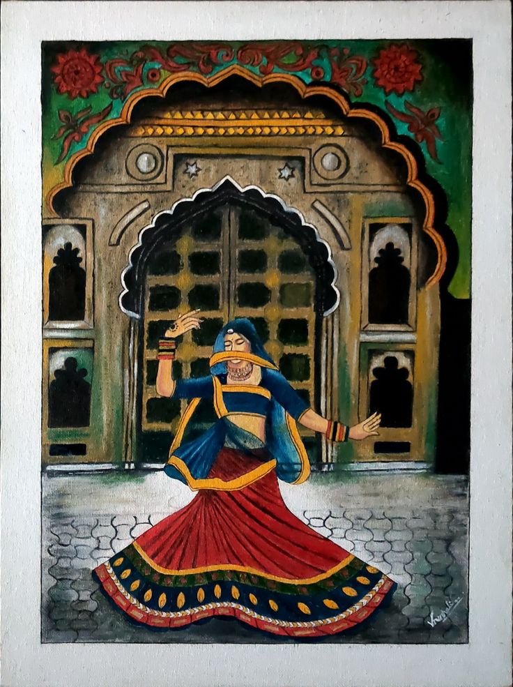 a painting of a woman dancing in front of a building