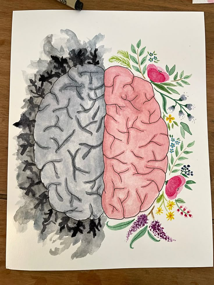 a drawing of two halves of the same brain and one half with flowers on it