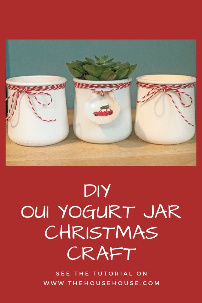 three jars with christmas decorations in them and the words diy oil yogurt jar craft