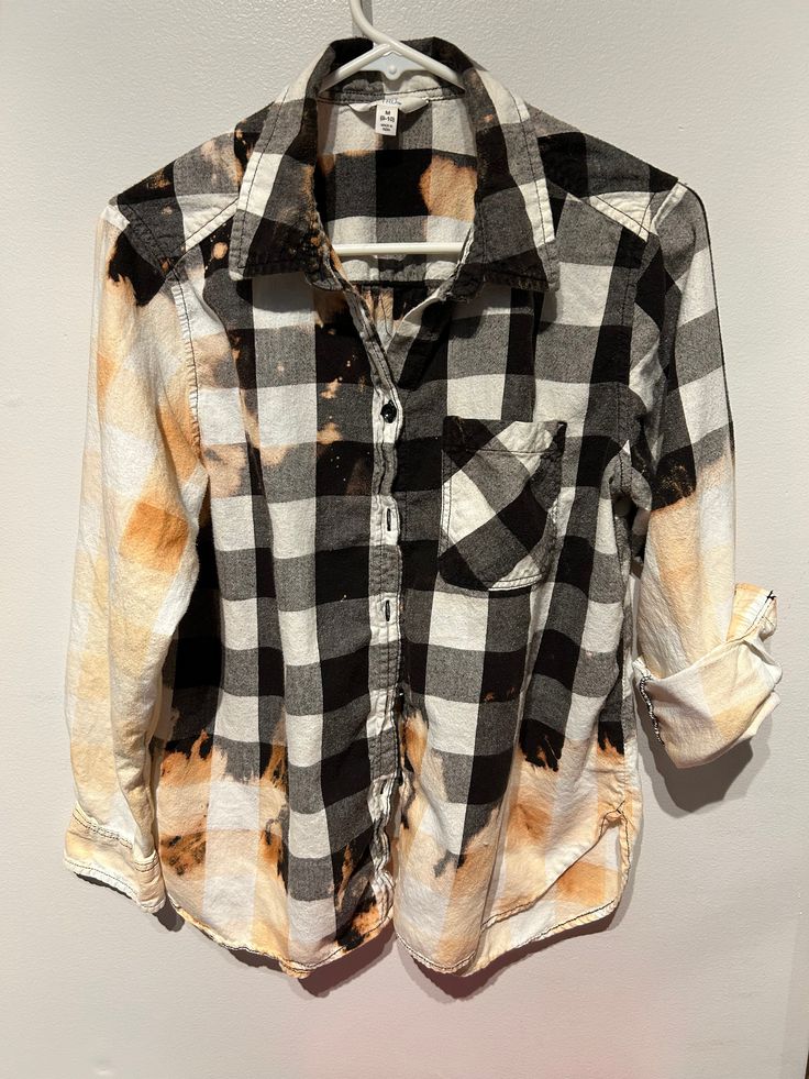 Size medium women's. Perfect for leggins, over a sundress, or cami. Great in any season. The sleeves roll up for another added touch!  This is the actual shirt that will ship to you, these are not made to order. Bleached Grunge Tops For Spring, Grunge Bleached Tops For Spring, Spring Grunge Bleached Tops, Tie Dye Cotton Tops For Fall, Summer Cotton Flannel Shirt For Everyday, Summer Everyday Cotton Flannel Shirt, Everyday Summer Cotton Flannel Shirt, Fitted Acid Wash Tops For Fall, Grunge Cotton Flannel Shirt For Fall