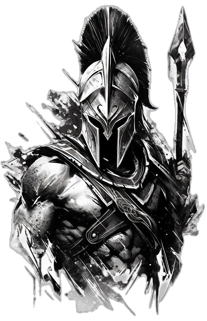 a black and white drawing of a spartan