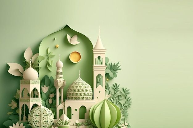 a paper cut illustration of a mosque surrounded by greenery and flowers on a green background