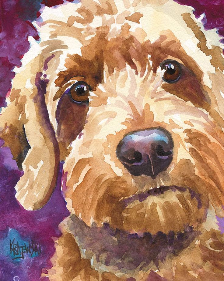 a watercolor painting of a dog's face on a purple and red background