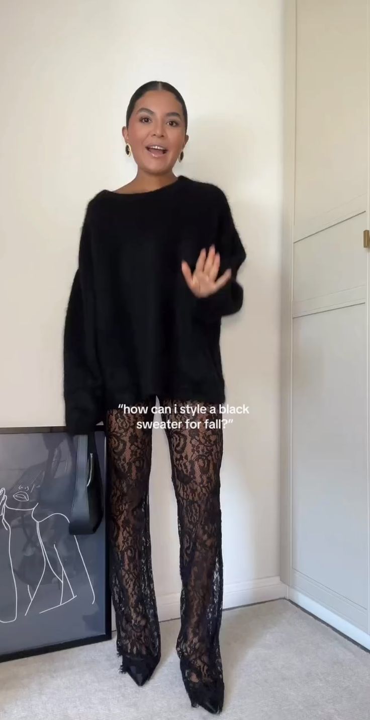 Black Outfits For Club, Nye Chicago Outfit, Daytime Event Outfit, Sequin Long Sleeve Top Outfit, Lace Pants Outfit Casual, Brat Style Outfits, Hold Ups Outfit, Comfortable Nye Outfit, Winter 2024 Going Out Outfits