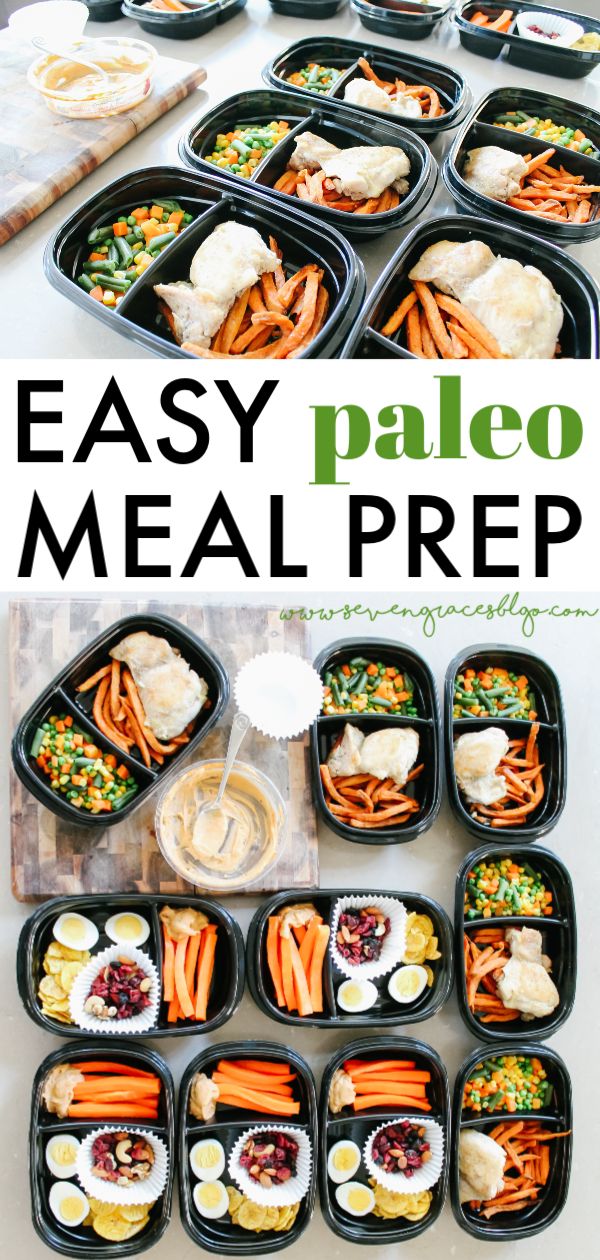 the meal prepped and ready to be served in plastic containers with text overlay that says easy paleo meal prep