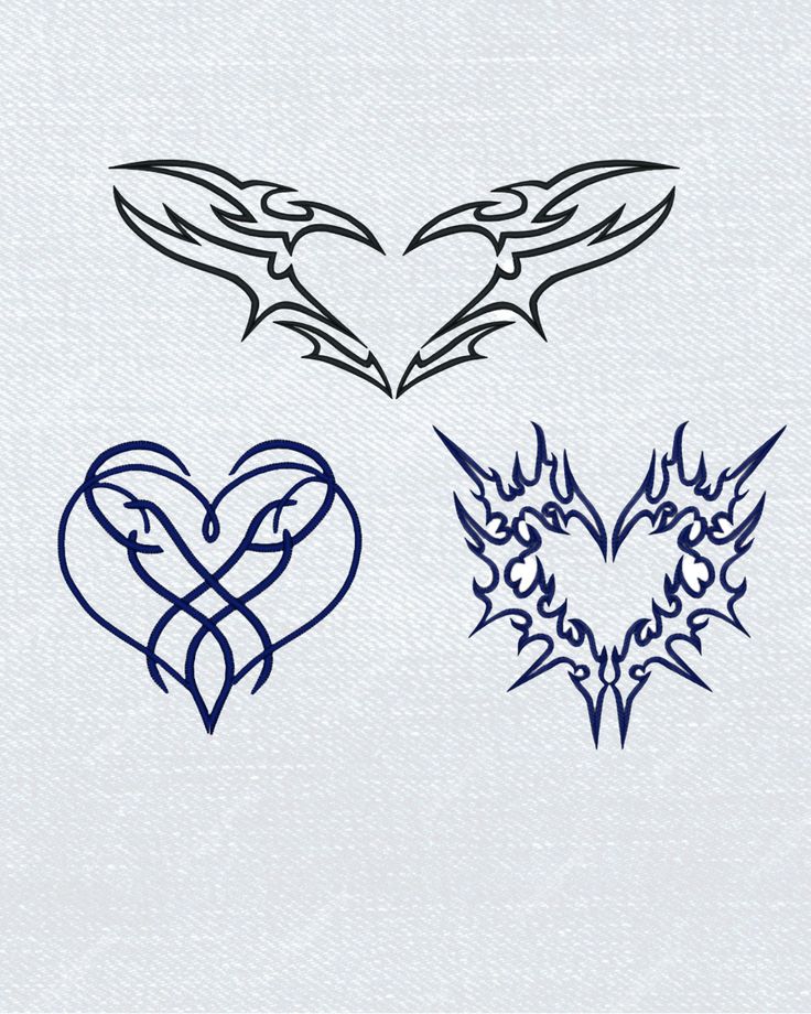 four different tattoo designs on a white background, each with a heart and two wings