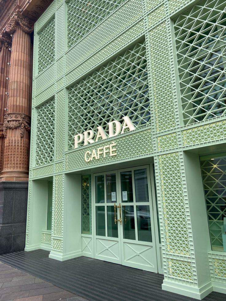 Prada Cafe, Pop Up Cafe, Green Cafe, London Cafe, Galleria Vittorio Emanuele Ii, Harrods London, London Aesthetic, Cafe Interior, Green Building