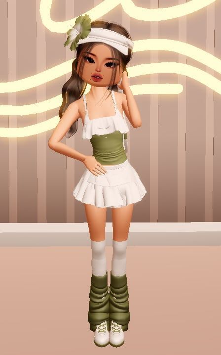 a girl in a white dress and green boots is standing with her hands on her head