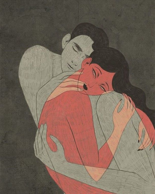 two people hugging each other in front of a black background with red and gray colors