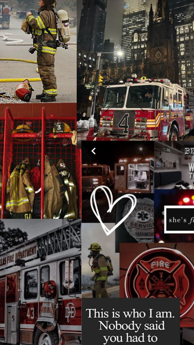 there are many different fire fighters in this collage, including one with a heart on his chest