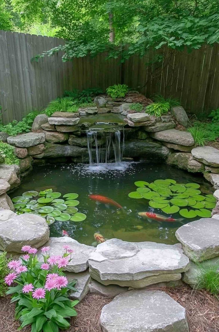 a pond with rocks and water lilies in it